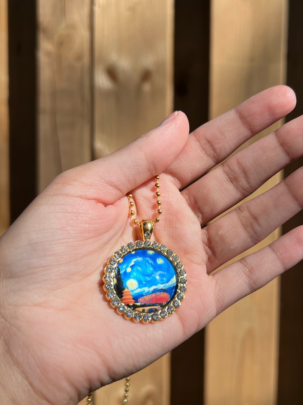 Gold-Tone Starry Blue Art Pendant Necklace with Crystal Halo